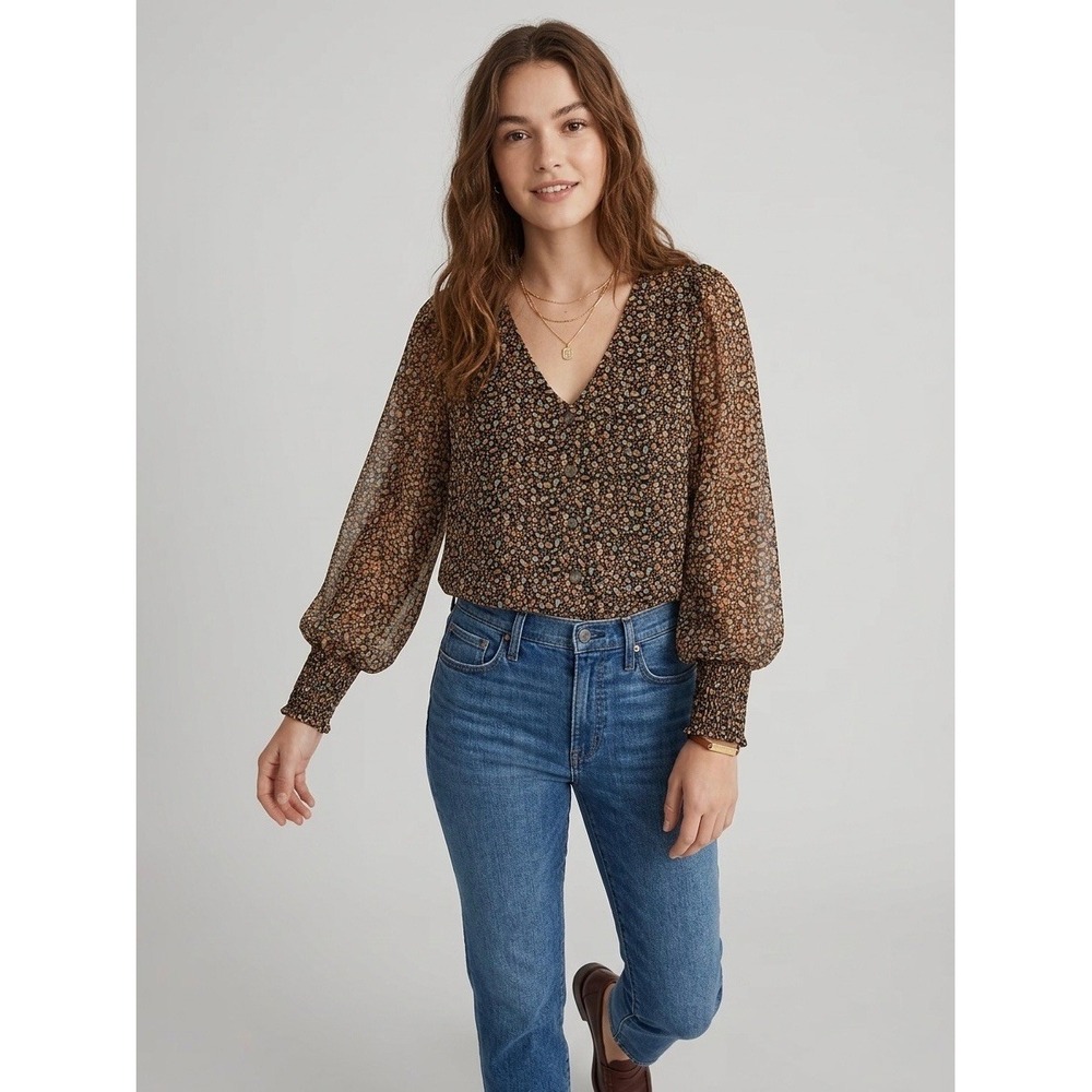 Madewell Black and Brown Floral V-Neck Long Sleeve Blouse